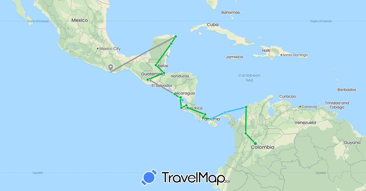 TravelMap itinerary: driving, bus, plane, boat in Colombia, Costa Rica, Guatemala, Mexico, Nicaragua, Panama (North America, South America)